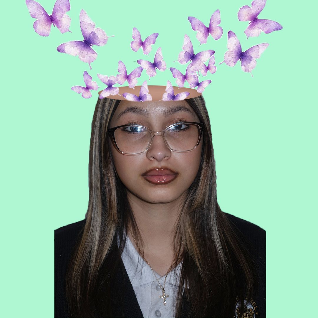 Pink and purple butterflies float across a mint green background with a portrait in glasses.