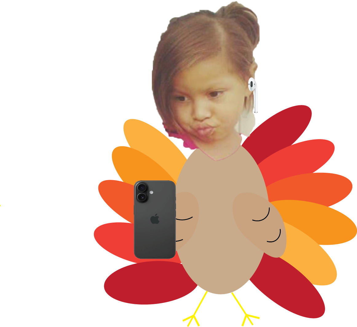A whimsical photo illustration shows a turkey body made with colorful feathers and a phone taking a selfie.