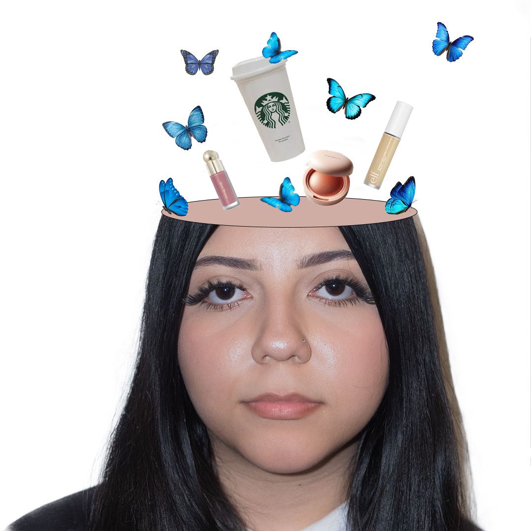 Artistic photo series with blue butterflies and Starbucks cup decorative elements creating ethereal aesthetic effect.