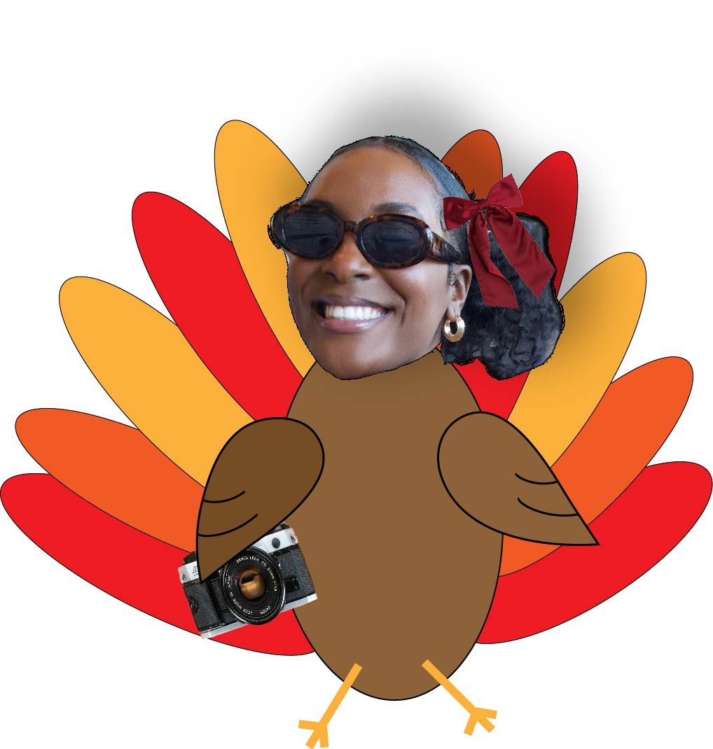 Five turkey face cutouts with sunglasses arranged in a festive Thanksgiving decoration against white background.