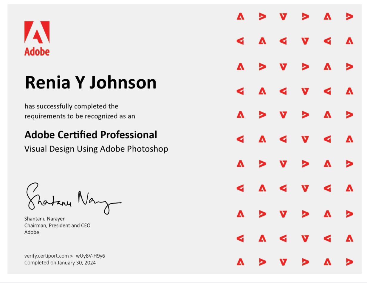 Adobe Certified Professional certificate in Visual Design Using Adobe Photoshop with red triangular pattern on white background.