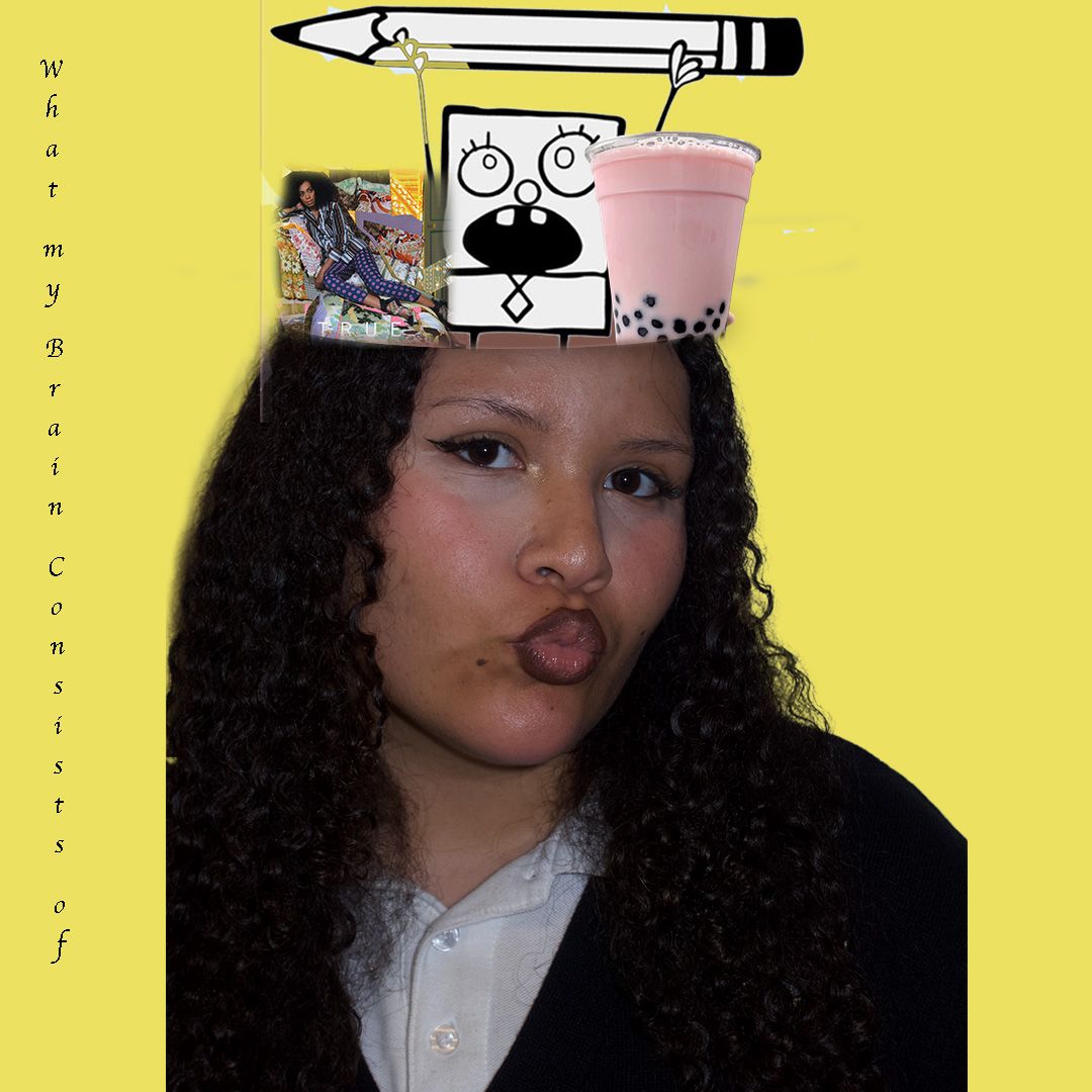 A portrait photo with a playful cartoon doodle crown featuring a pencil and bubble tea against a yellow background.