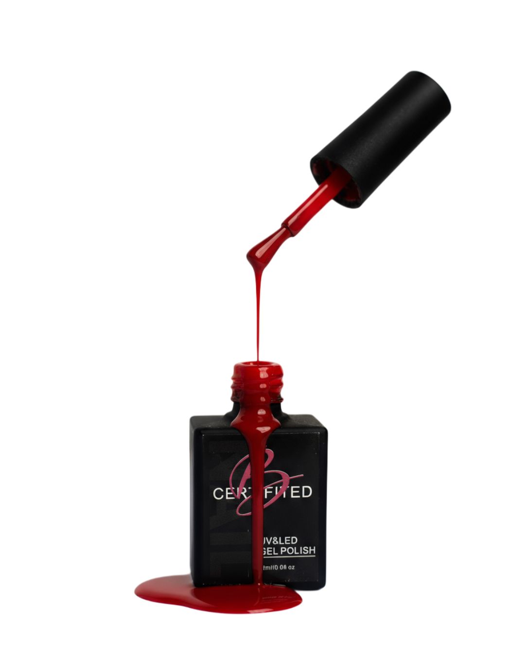Certified gel nail polish in bold red shade with brush applicator dripping vibrant color, 0.5 oz bottle.