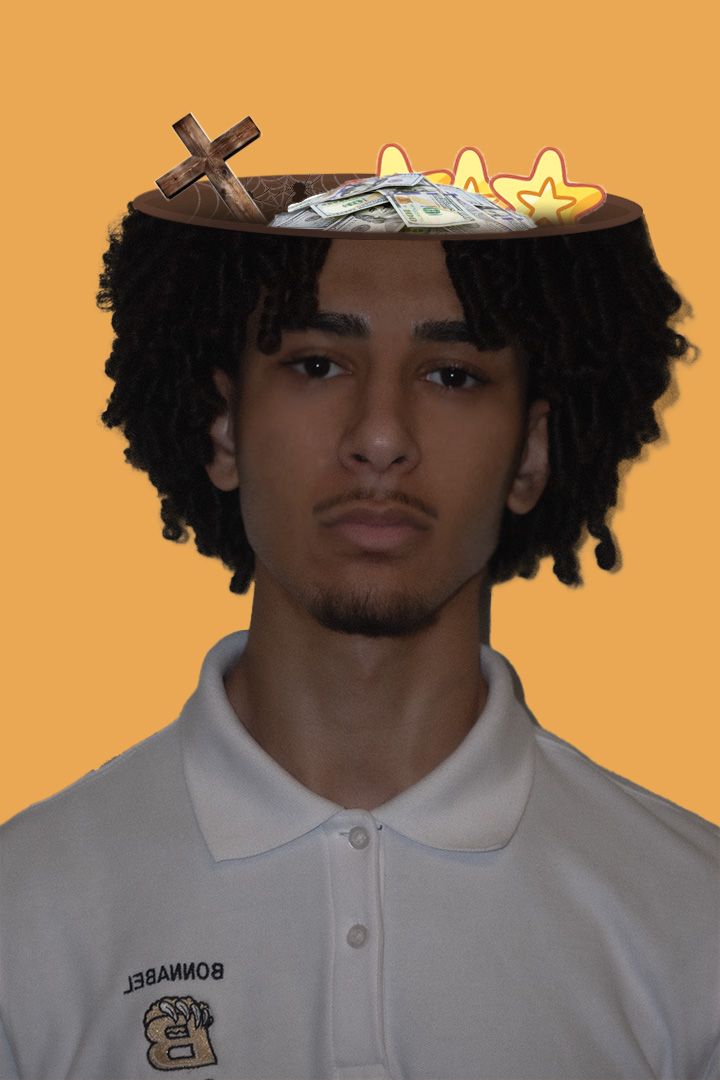 A series of portrait shots against an orange background showing someone wearing a white polo shirt.