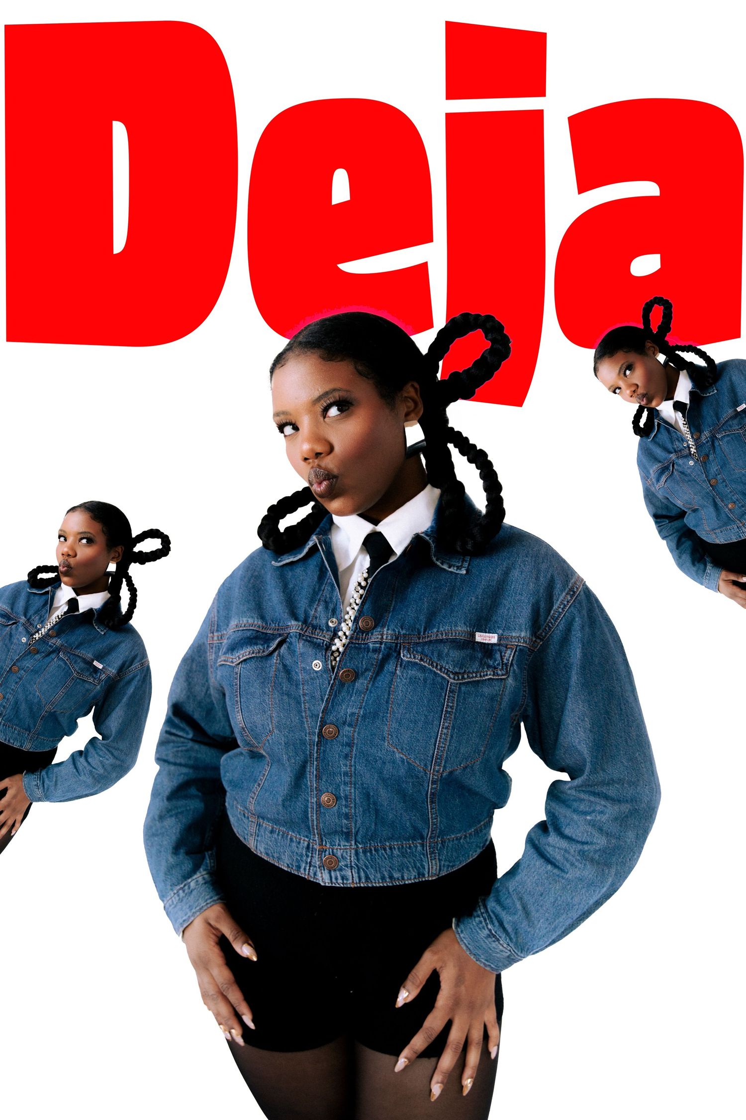 A promotional image showing three poses in denim jackets against a white background with red text spelling 'Deja' above.