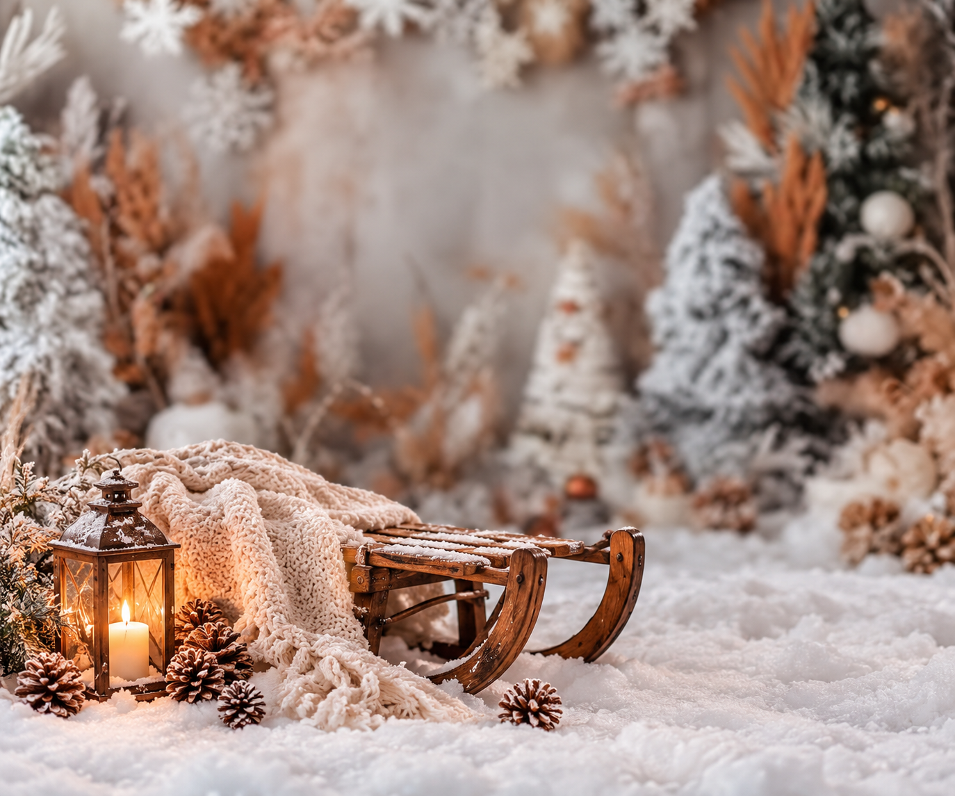A vintage wooden sled with a glowing lantern, pinecones, and cozy knit blanket in a snowy winter Christmas scene.