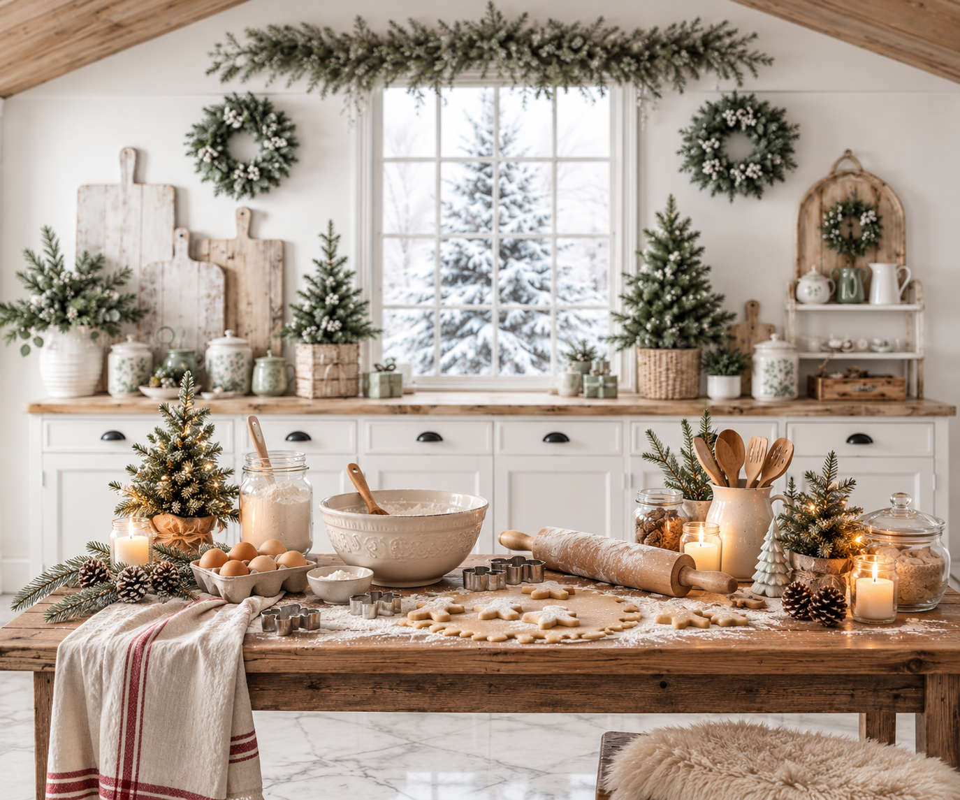 Cozy Christmas kitchen with white cabinets, wreaths, mini trees, candles, and holiday baking setup on rustic wooden table.