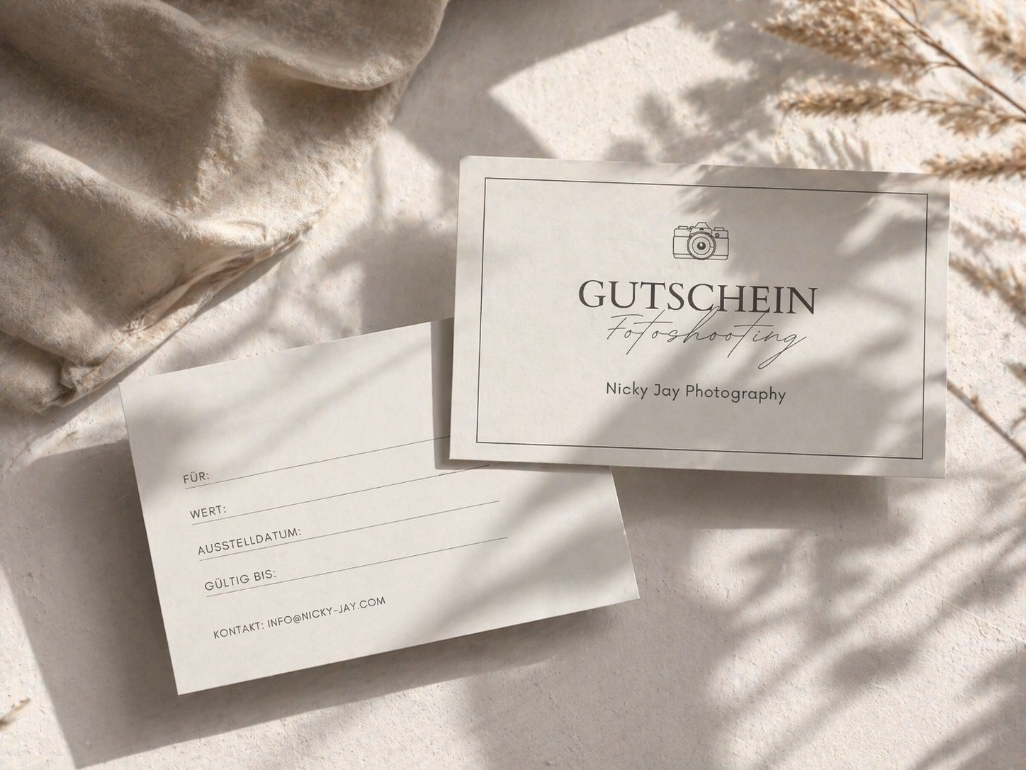 Elegant German gift voucher cards for Nucky Joy Photography displayed on a neutral beige fabric background.