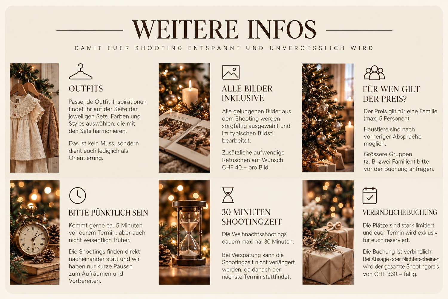 Elegant German photography info guide with festive bokeh lights, featuring sections on outfits, punctuality, and booking details.
