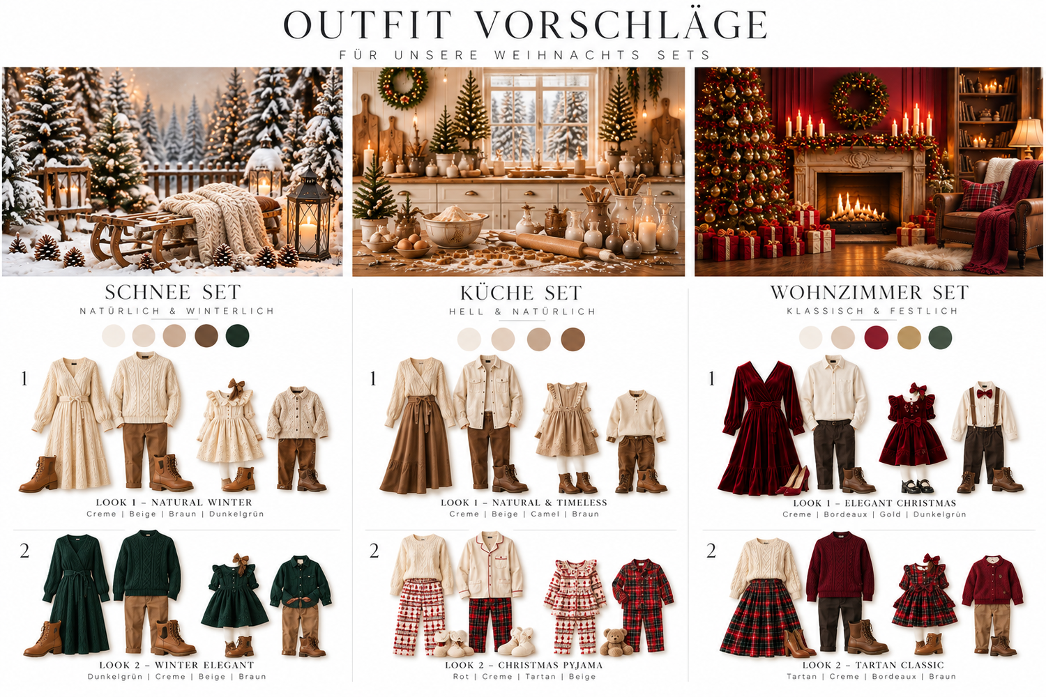German family Christmas outfit suggestions featuring coordinated sets for snow, kitchen, and living room themed holiday photos.