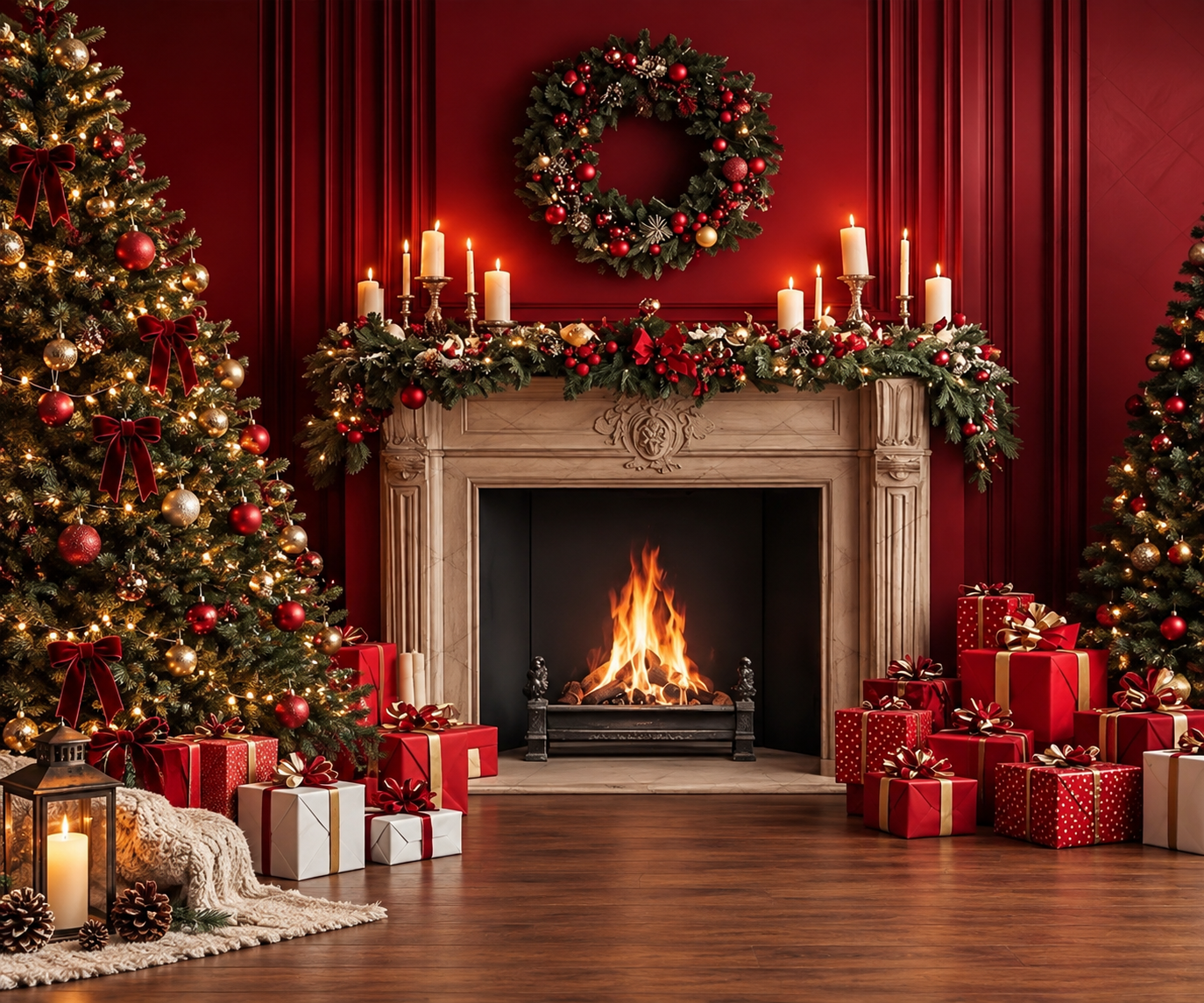 Cozy Christmas fireplace with glowing fire, decorated trees, red gift boxes, candles, and festive wreath on red wall.