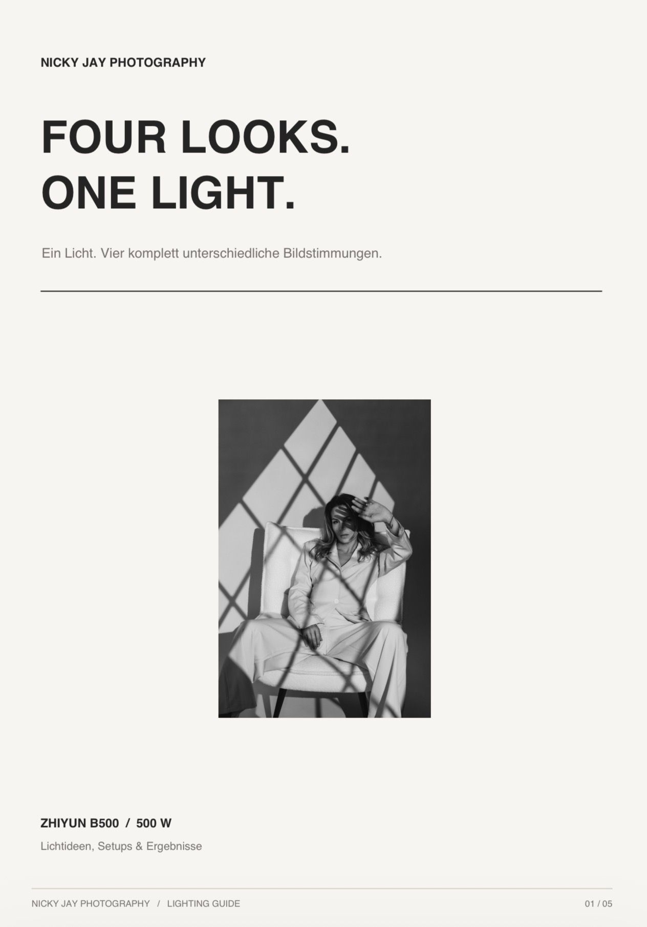 Nicky Jay Photography lighting guide cover showing a person in white seated in a chair with window-shaped light shadows.