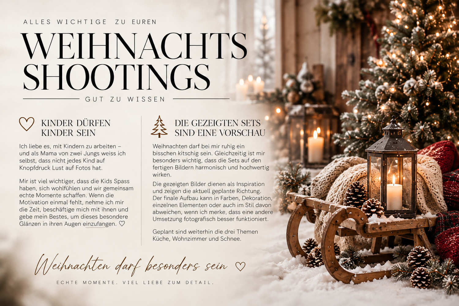Festive Christmas photography flyer with lanterns, sleigh, and decorated tree, advertising holiday photo shoots for children.