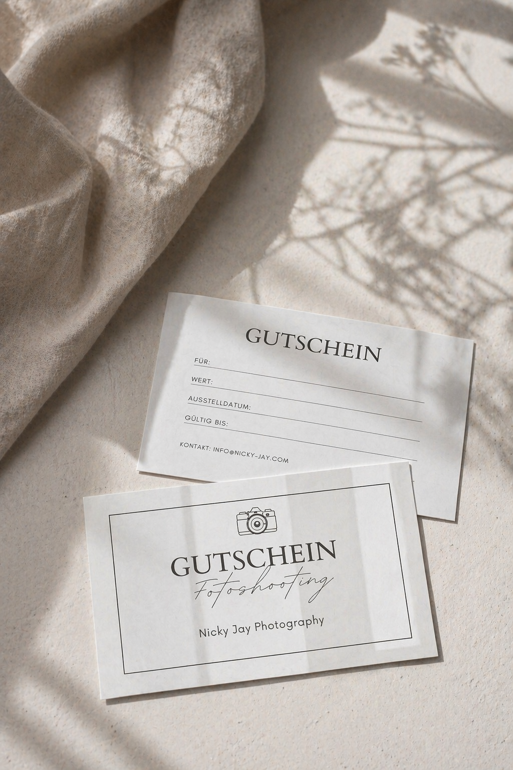 Elegant Gutschein Fotoshooting gift voucher cards by Nicky Jay Photography on neutral background.