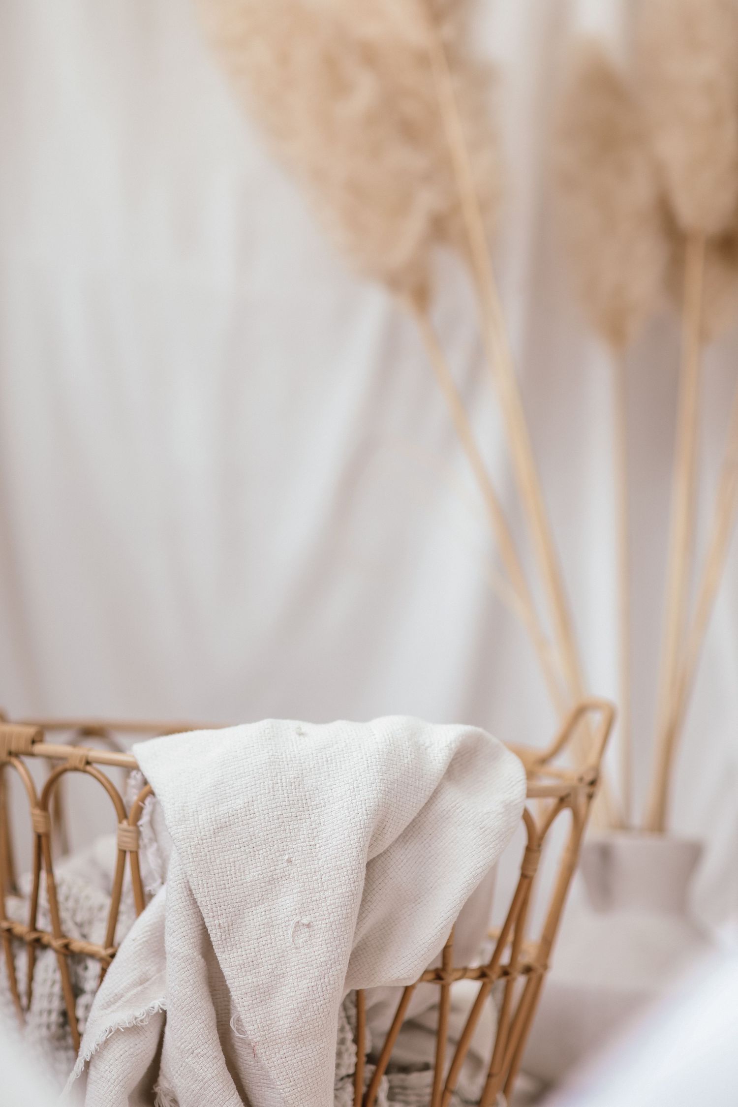 Wicker basket with linen cloth and dried pampas grass stems against white background.