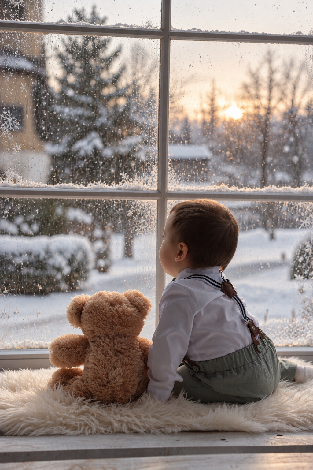 A toddler boy and teddy bear sit on a windowsill watching a snowy winter sunset scene outside.