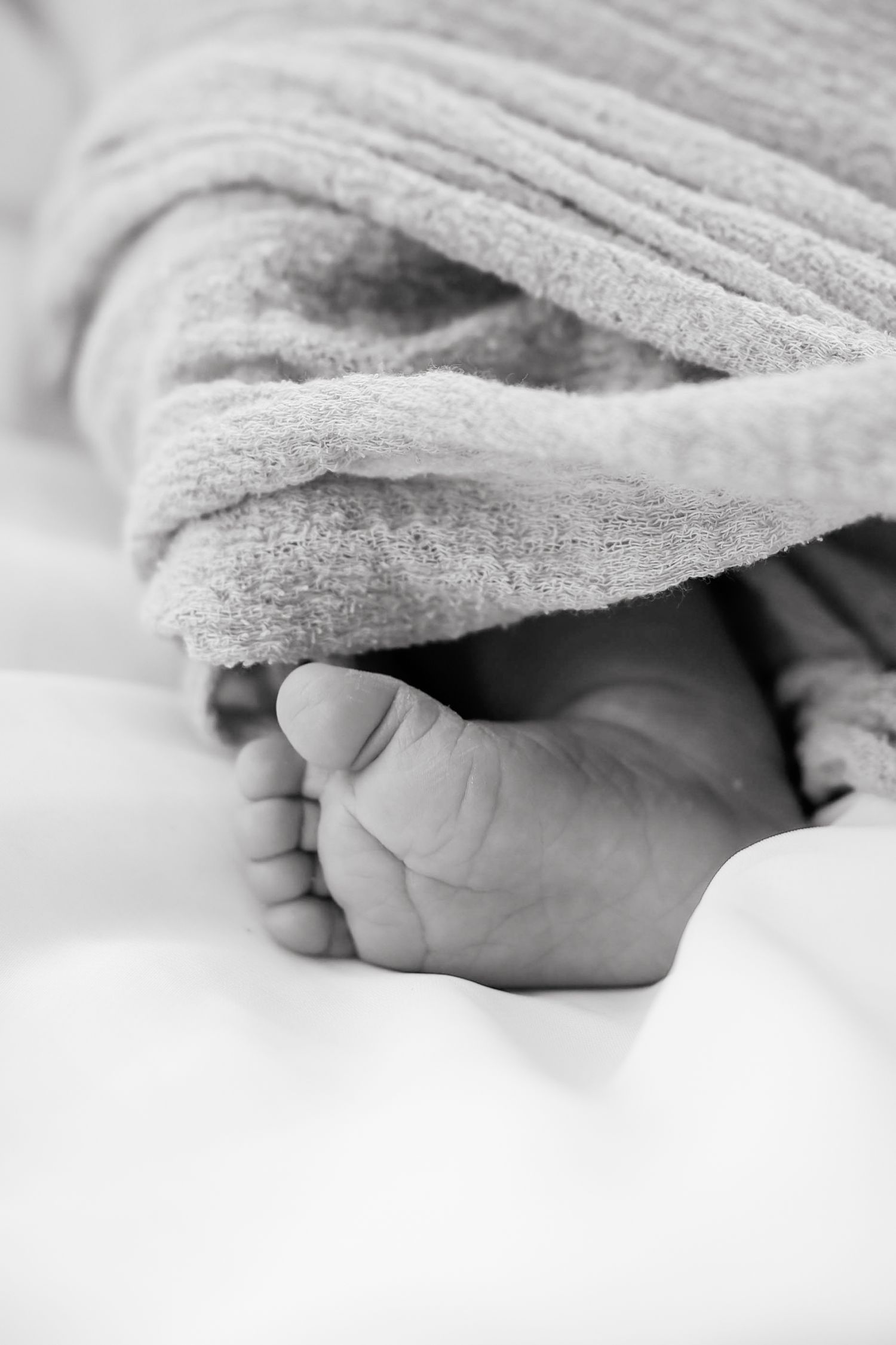 Black and white close-up photo of a newborn baby's tiny foot peeking out from under a soft textured blanket.