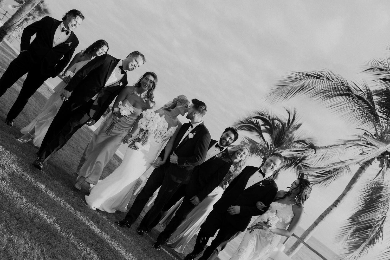 Black and white wide-angle photo of wedding party posing together on a tropical lawn with palm trees in wind.