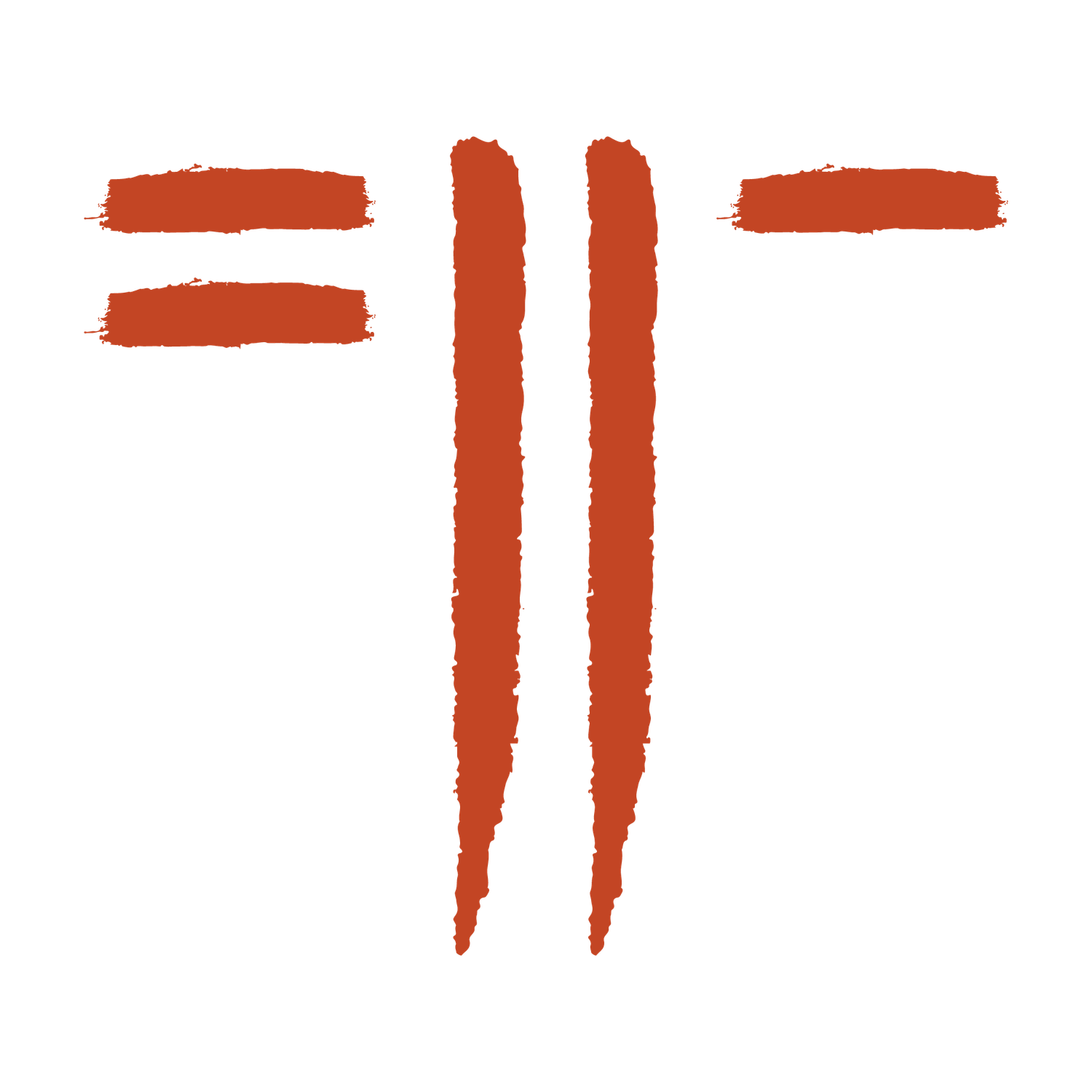 Rustic red brushstroke logo with two vertical lines and horizontal strokes forming an abstract symbol.