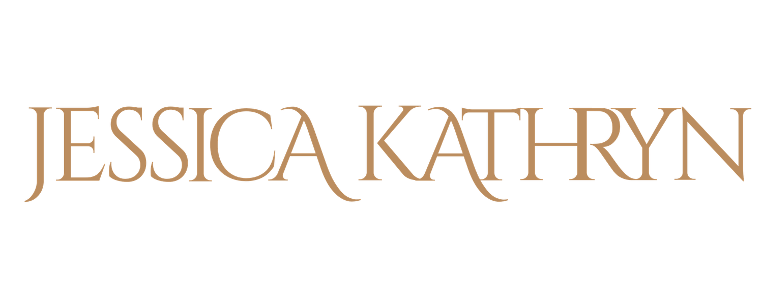 Jessica Kathryn elegant gold serif logo on white background for luxury brand identity.
