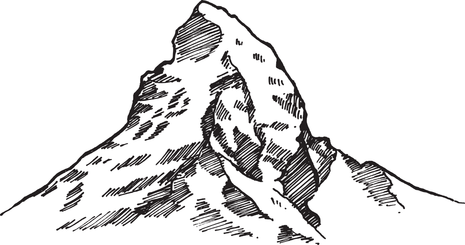 Black silhouette illustration of a majestic mountain peak against white background.