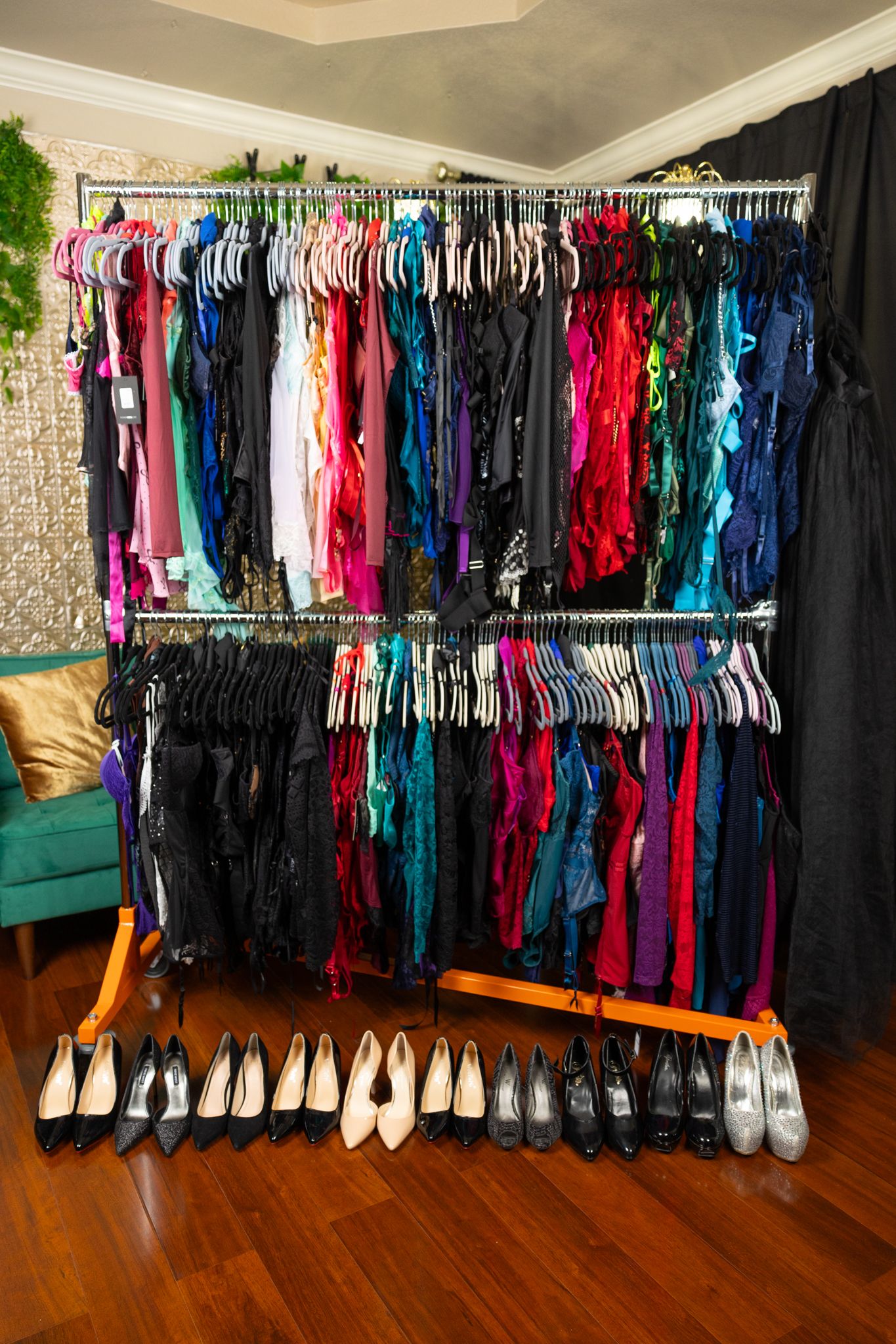 Boudoir client closet of lingerie and shoes. Midlothain Texas.