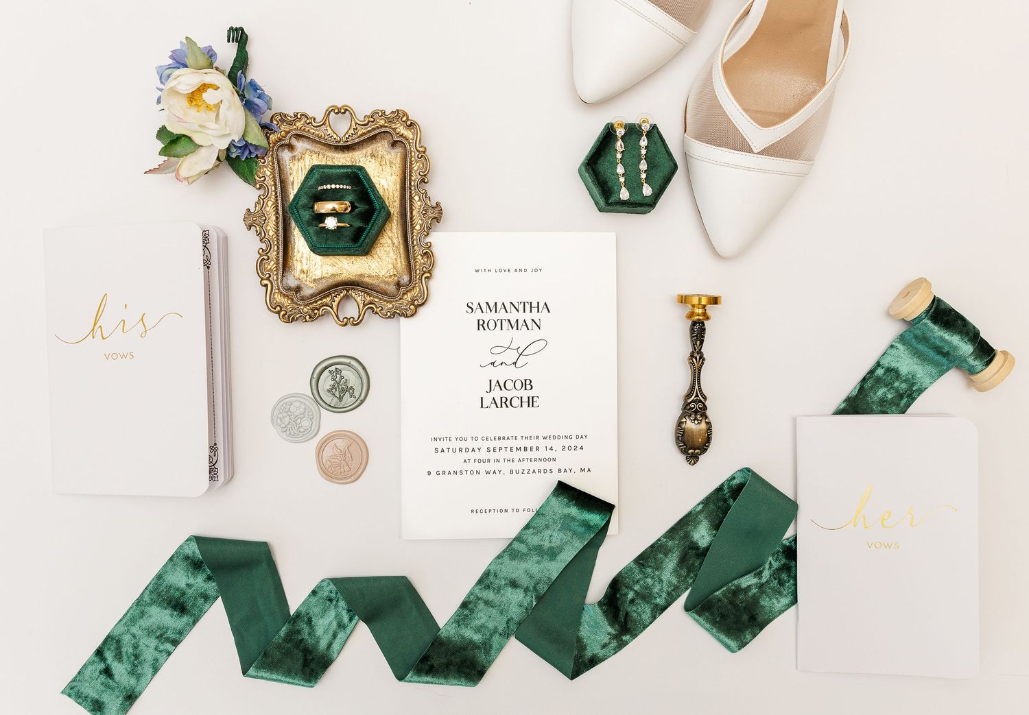 Wedding Photography Detail Shot of Stationary, Shoes, Rings and More.