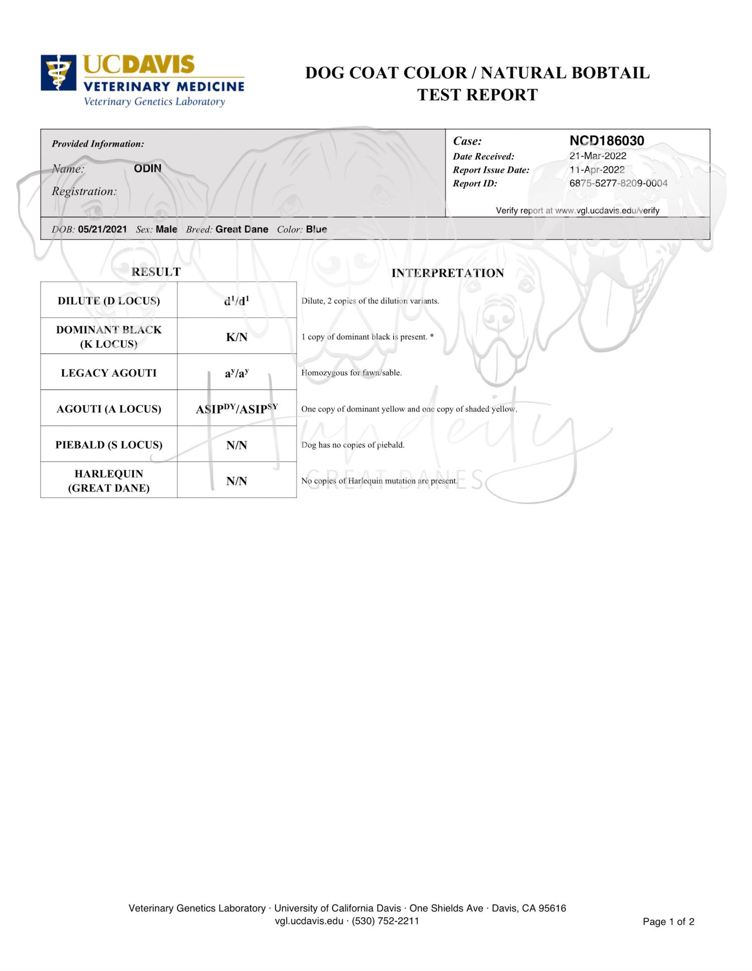Veterinary medical report form from UC Davis showing test results and patient data fields.