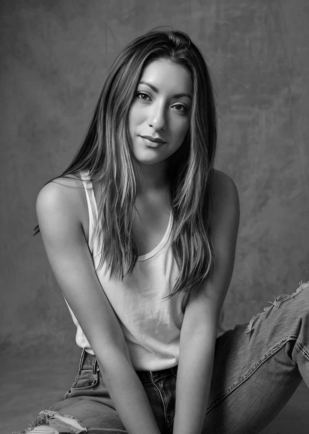 Black and white casual portrait of woman in tank top and jeans.