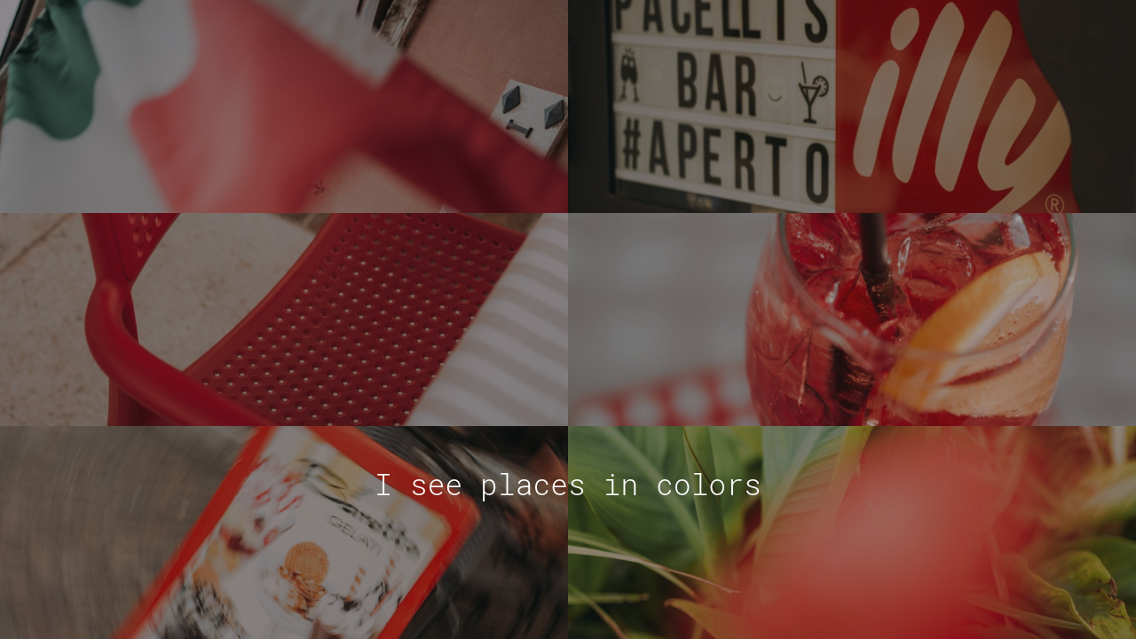 A vibrant collage of red-toned cafe and bar scenes with the text overlay I see places in colors.