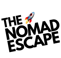 The Nomad Escape logo in bold black text with a rocket emoji on a white background.