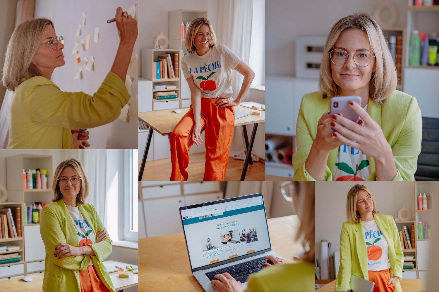 Collage of a smiling blonde woman in a green blazer posing in various professional settings with a laptop and phone.