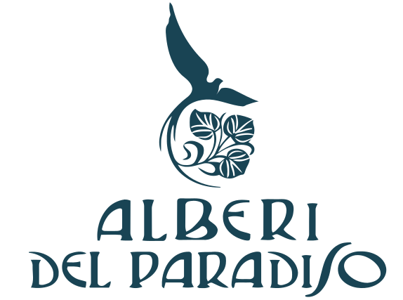 Alberi del Paradiso logo featuring a teal bird in flight above a circular leaf emblem with elegant serif lettering below.