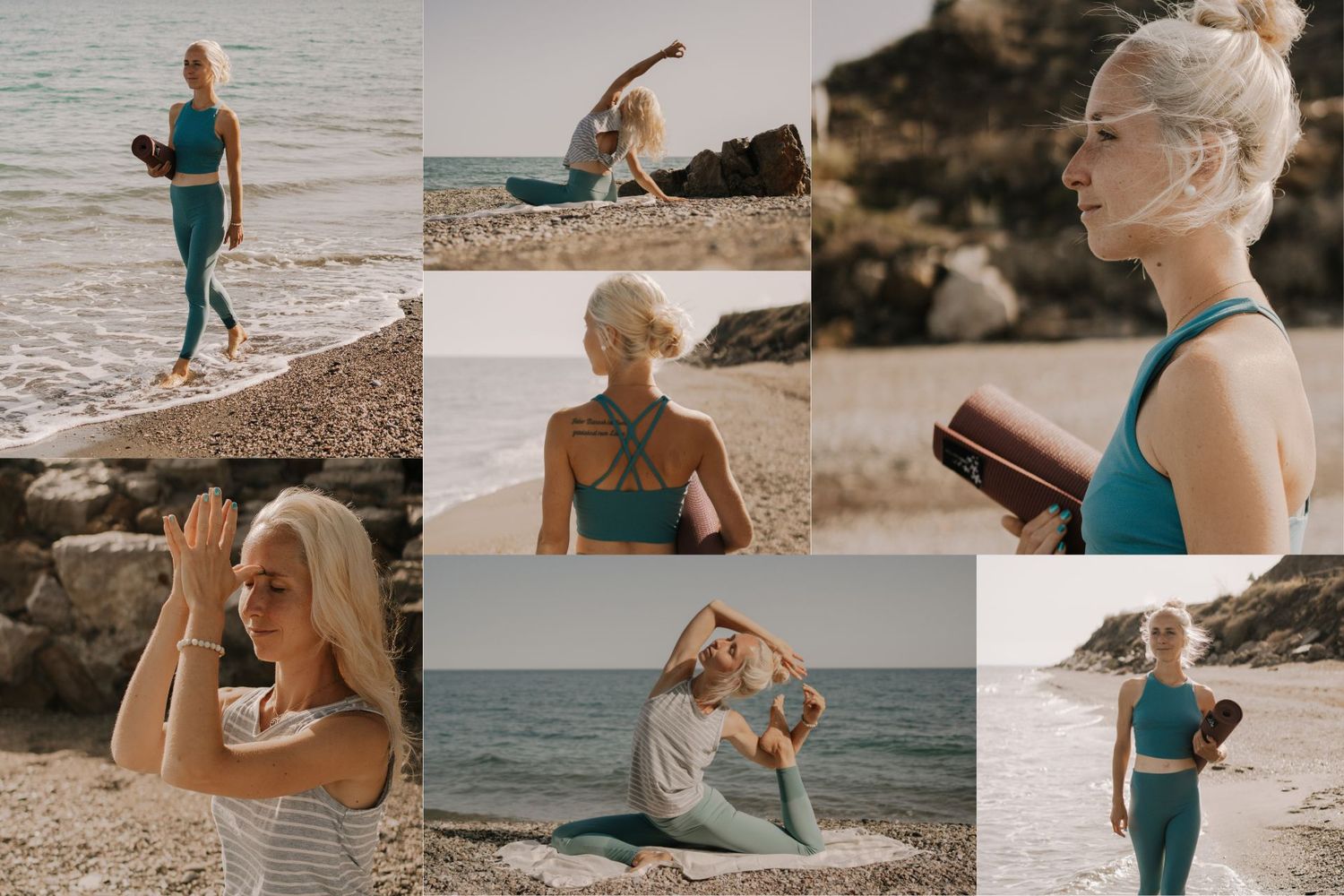 Blonde woman practicing yoga poses on a rocky beach wearing teal activewear, collage of multiple outdoor yoga positions.