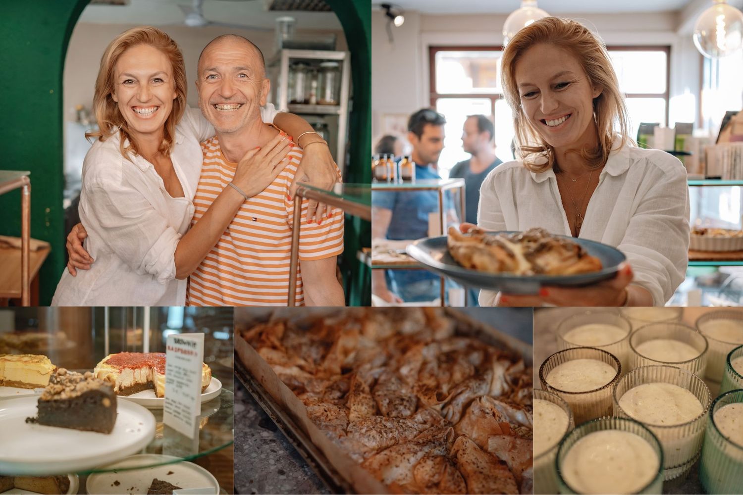 A smiling couple embraces in a cozy bakery cafe beside display cases of pastries, cinnamon rolls, and creamy desserts.
