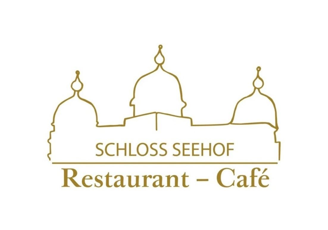 Gold logo of Schloss Seehof Restaurant-Café featuring an elegant castle silhouette with domes on white background.