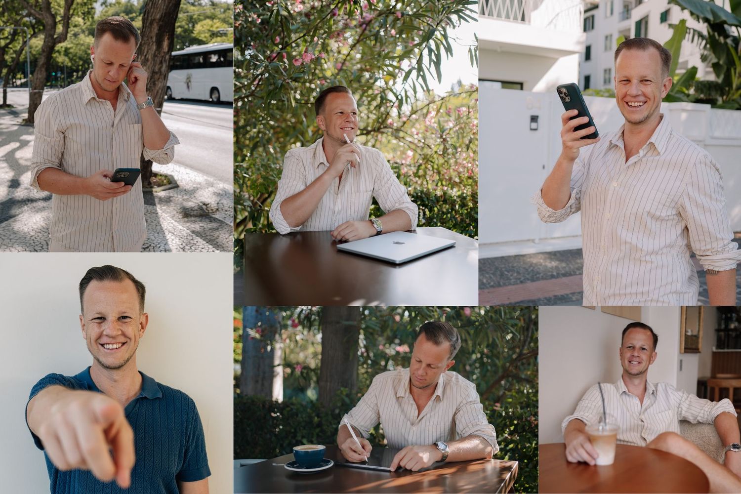 Professional man in various business settings using phone, laptop, and writing notes outdoors in casual corporate attire.