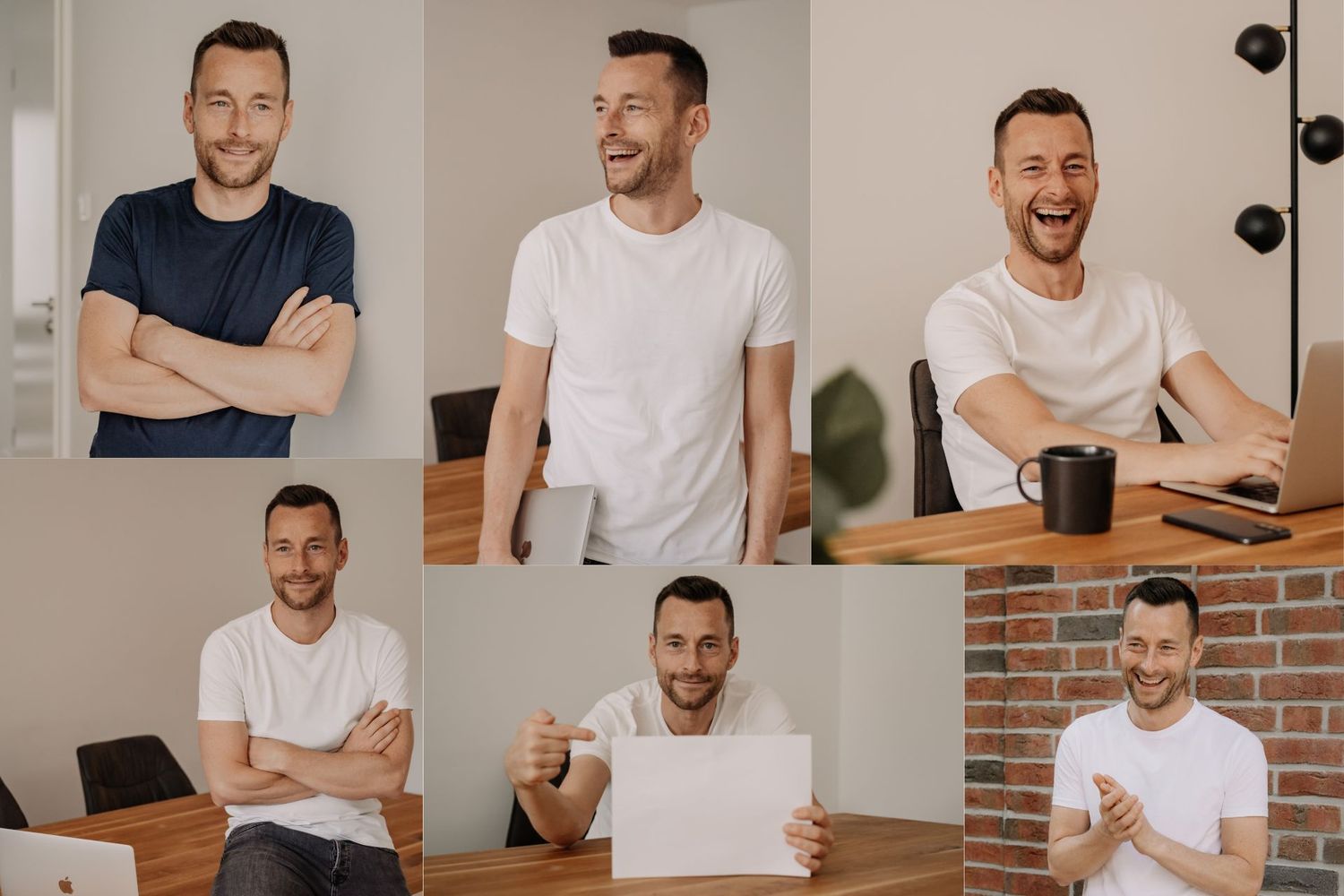 Collage of six professional headshots of a smiling man in white and navy shirts in modern office settings.