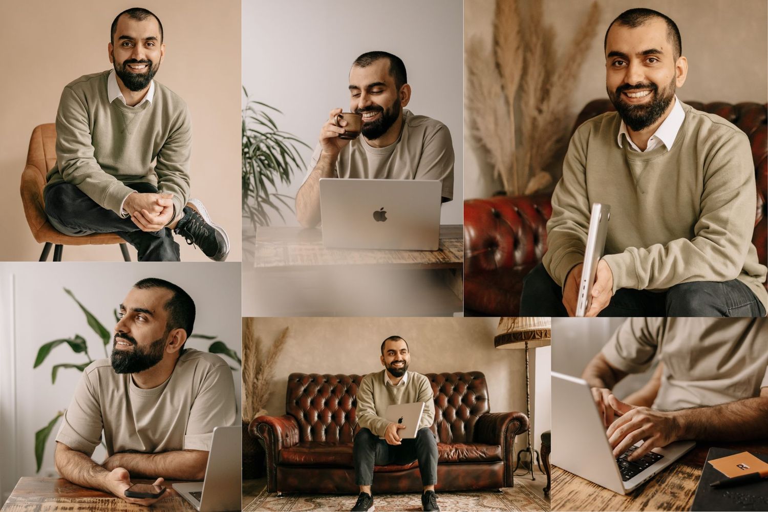 Collage of a smiling bearded man in casual attire posing in various relaxed indoor settings with a laptop.