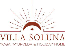 Villa Soluna yoga ayurveda and holiday home logo with sun rays and crescent moon in burgundy.