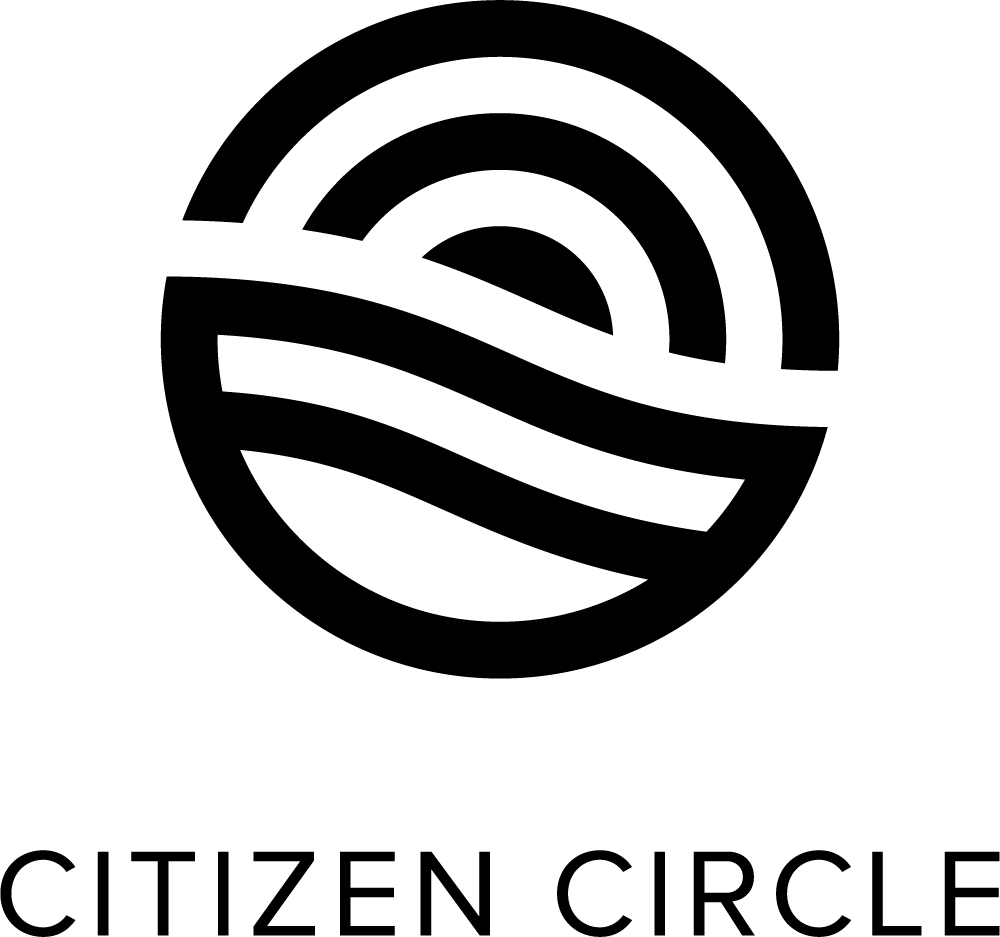 Black circular Citizen Circle logo with wave and arc design elements on white background.