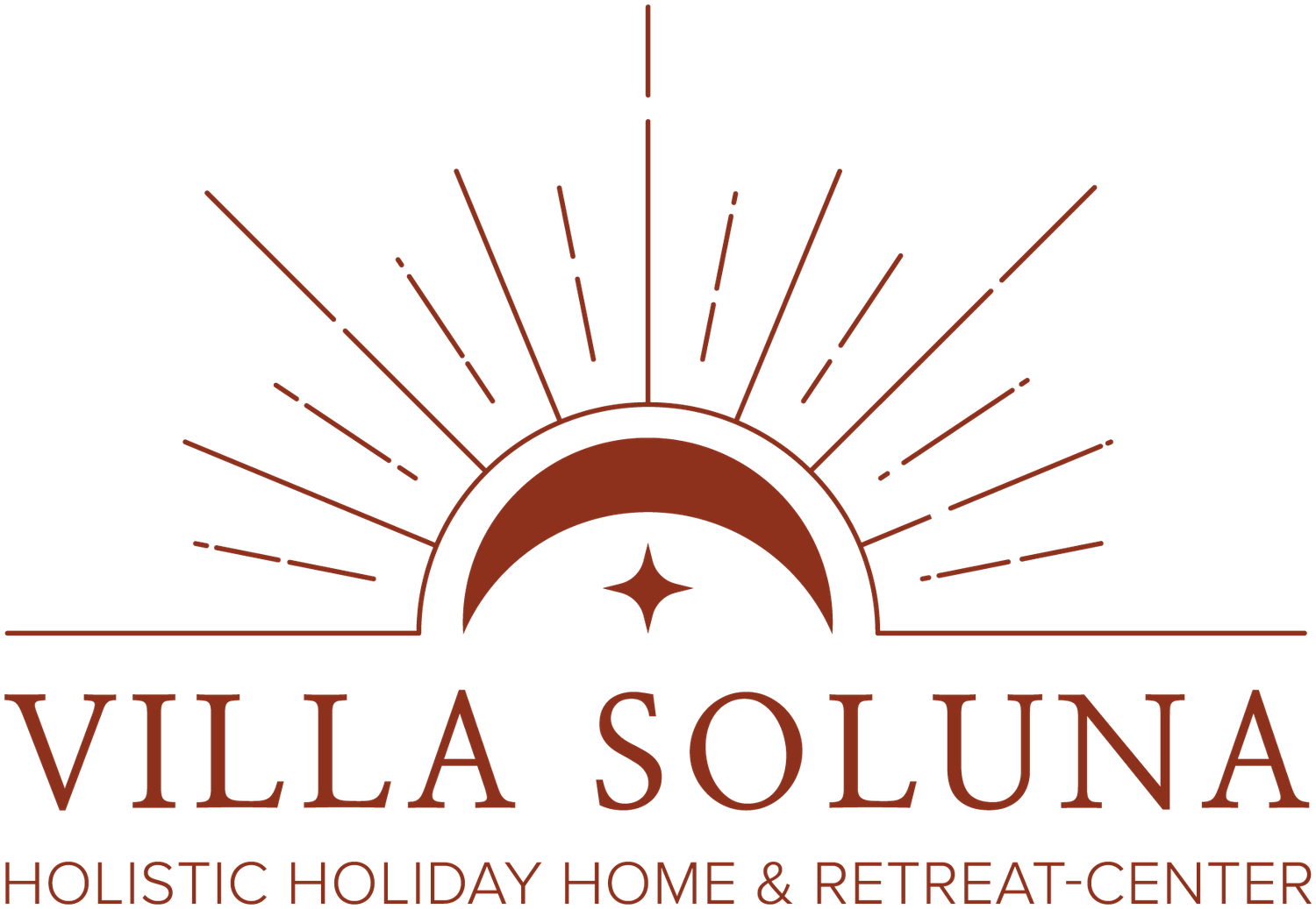 Villa Soluna holistic holiday home and retreat center logo with a sun and crescent moon design in dark red.