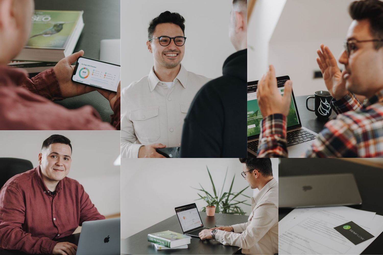 Collage of diverse professionals smiling and using smartphones and laptops in a modern office setting.