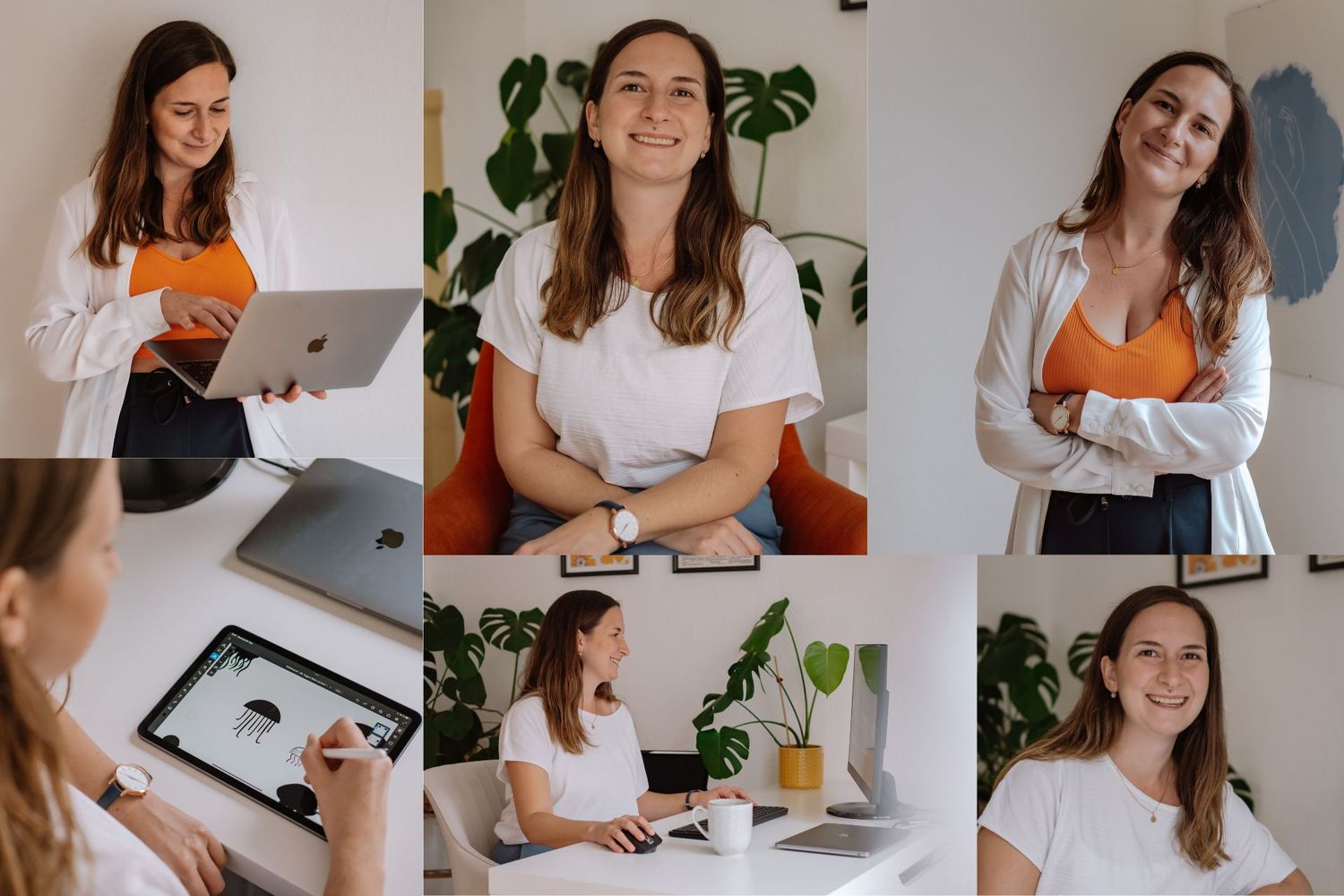 Young professional woman smiling in various work settings, using laptop and tablet in modern bright office space.