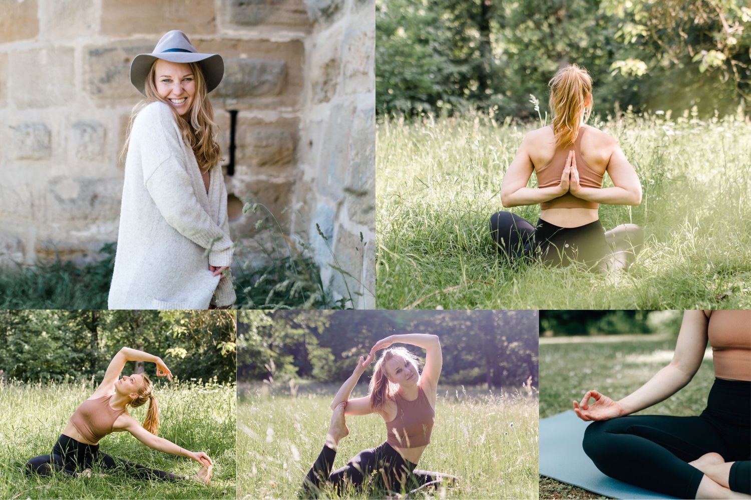 A collage of women practicing yoga outdoors in nature, featuring poses in green fields and a smiling woman in a wide-brim hat.