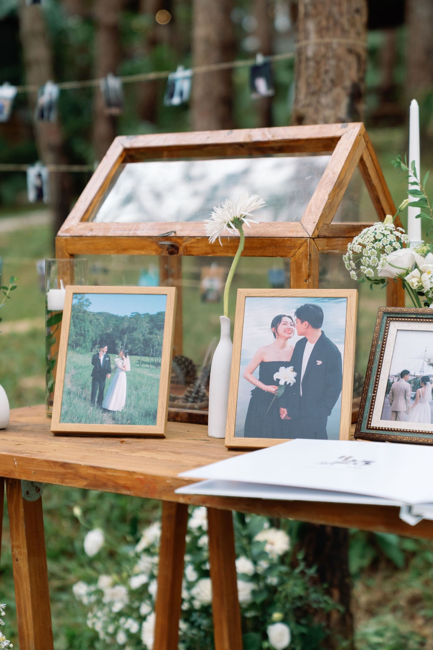 Wooden wedding welcome table with framed couple photos, glass terrarium, white flowers, and a guest book in a forest setting.