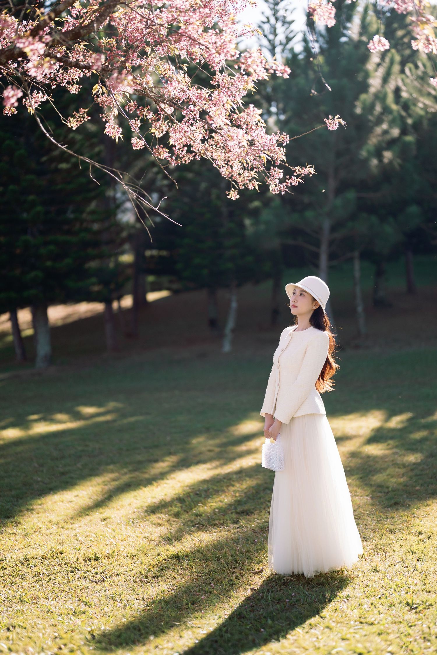 Woman in white dress and hat standing under pink cherry blossom tree on green grass in sunny park.