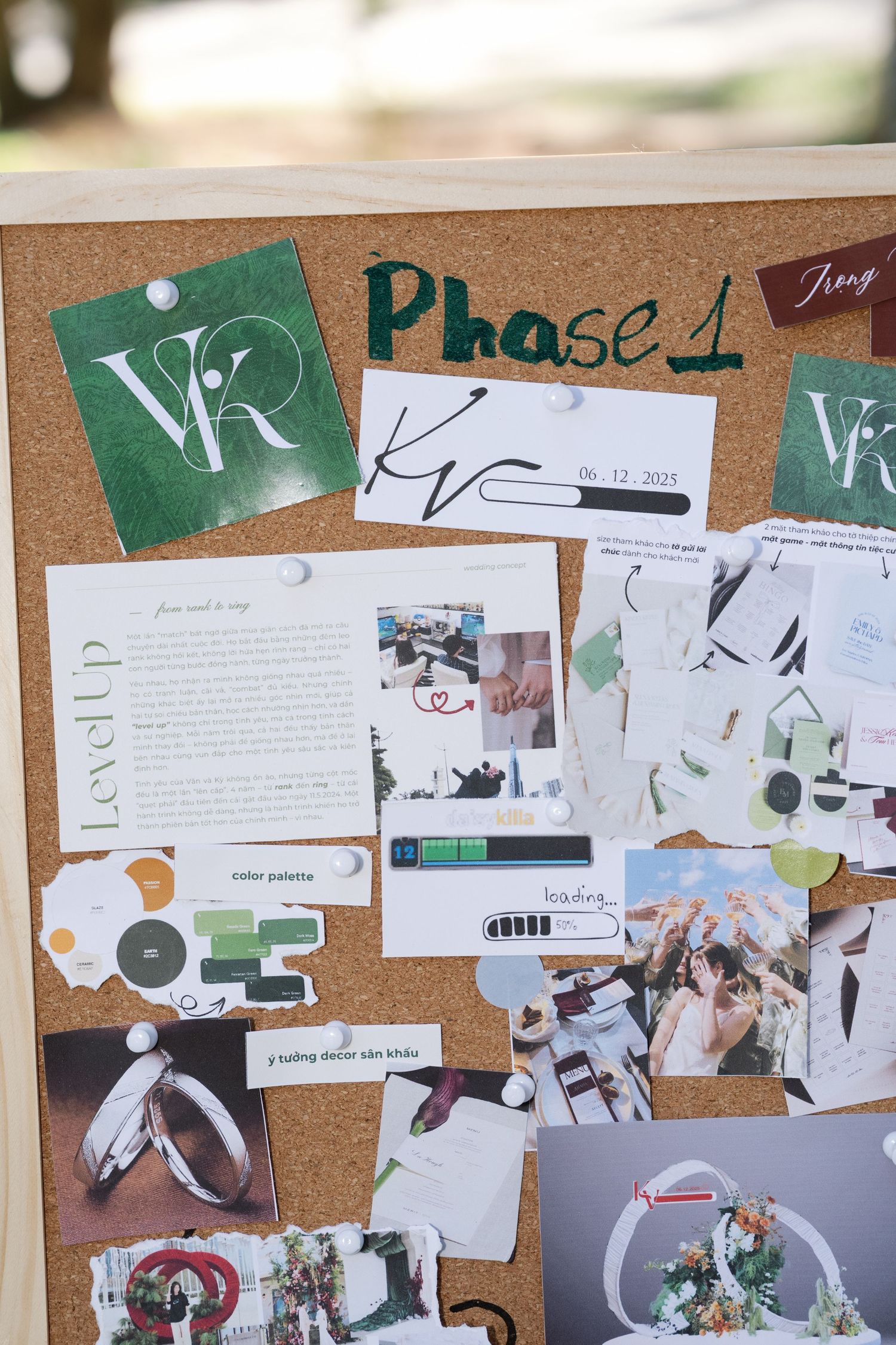 Wedding vision board with green color palette, photos, and decorative elements pinned to corkboard.