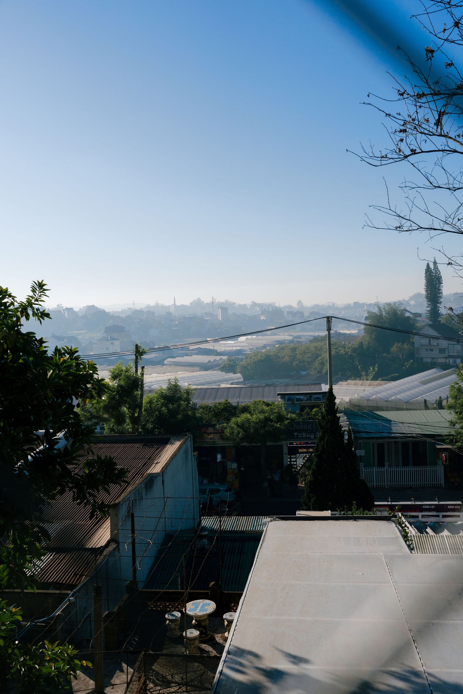 Aerial view of a hazy cityscape with greenhouse structures, rooftops, and lush trees under a clear blue sky.