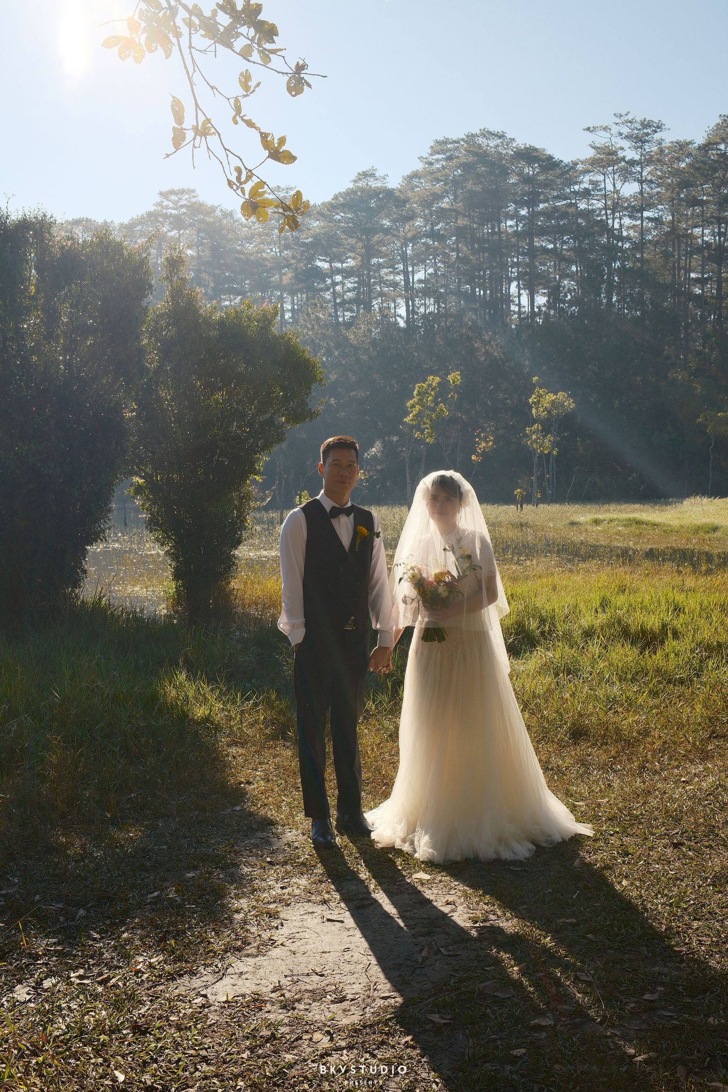 Bride and groom walk hand in hand along a sunlit path surrounded by pine trees and open fields.